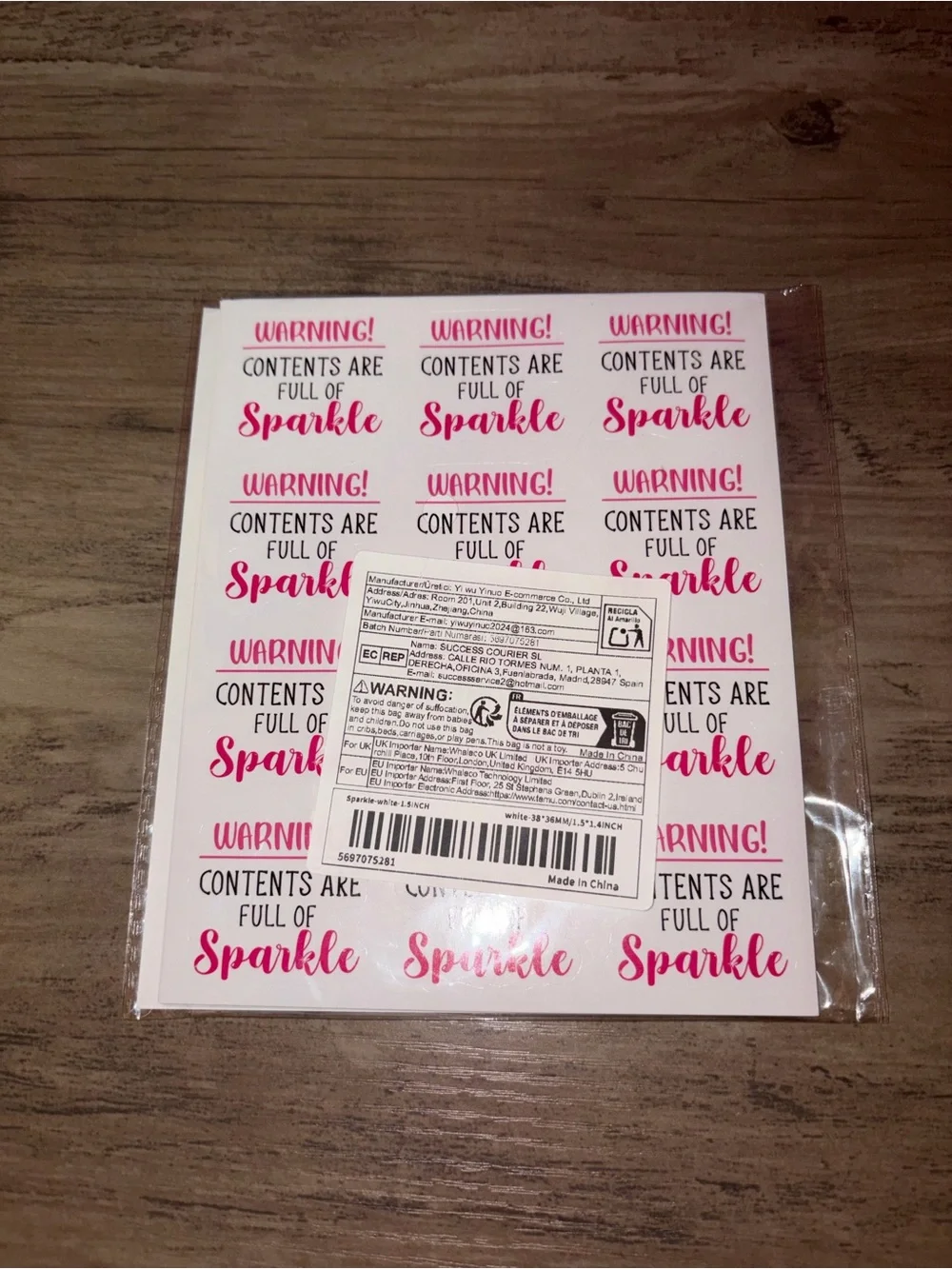 Pink “Warning! Contents Are Full of Sparkle” Sticker Sheet | 120 Glossy Labels